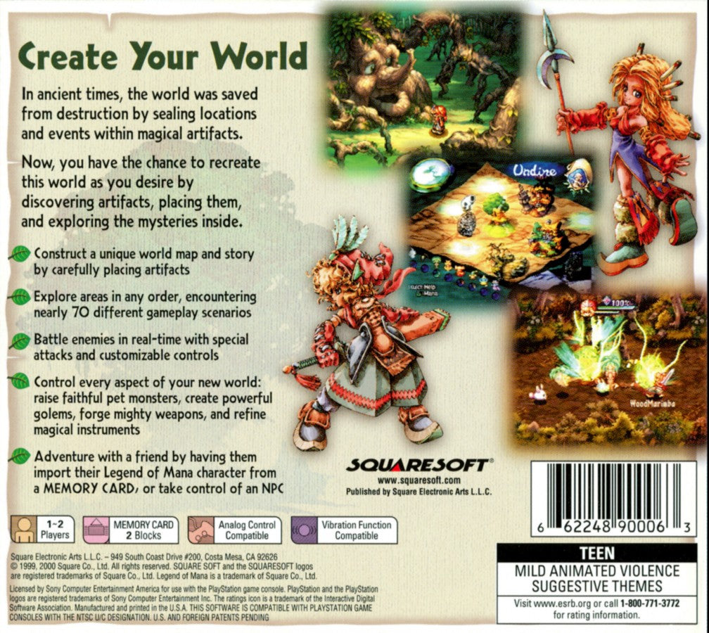 Legend of Mana PS1 PlayStation 1 action RPG fantasy adventure game Square Enix JRPG hand drawn art co op gameplay retro video game back cover art 