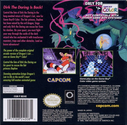 Dragons Lair for Game Boy Color, back of case for a platformer video game with side-scrolling gameplay, fantasy adventure, knight-based action, and classic arcade-style challenges