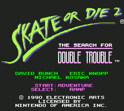 Skate or Die 2 cartridge for the Nintendo Entertainment System featuring 8 bit skateboarding action with downhill racing trick challenges and arcade style competition across urban courses ameplay 