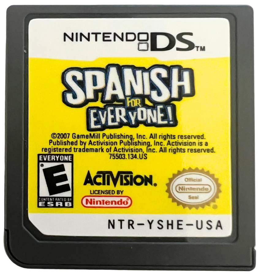 Spanish for Everyone for Nintendo DS, cartridge for an educational language learning video game with vocabulary exercises, pronunciation practice, interactive lessons, and casual study gameplay