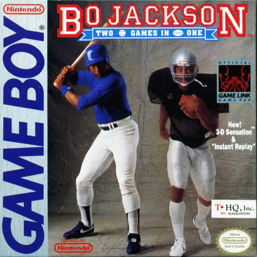 Bo Jackson Two Games in One Game Boy GB cover art for retro video game enthusiasts featuring multi sport action gameplay baseball football and track and field challenges fast paced arcade style sports mechanics athletic competition as Bo Jackson iconic athlete crossover gameplay portable handheld gaming experience and collectible gaming appeal