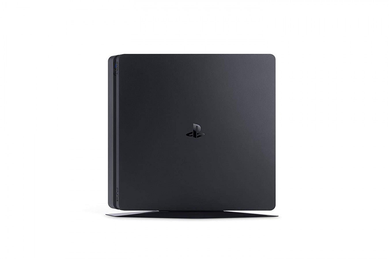 Vertical flat top side view of a Sony PS4 Slim console standing upright, showing the top surface, edges, and front-facing disc slot and buttons from a side angle.
