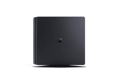 Vertical flat top side view of a Sony PS4 Slim console standing upright, showing the top surface, edges, and front-facing disc slot and buttons from a side angle.