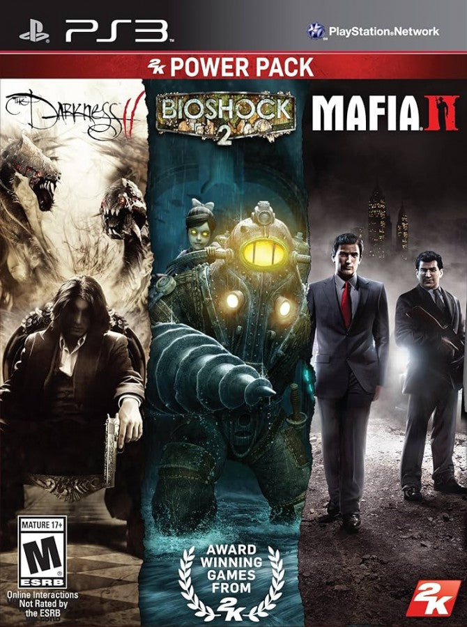 2K Power Pack Collection PlayStation 3 PS3 for retro video game enthusiasts featuring The Darkness II BioShock 2 and Mafia II with action shooter gameplay immersive storytelling first person and third person combat atmospheric worlds cinematic adventures and collectible gaming appeal front cover 