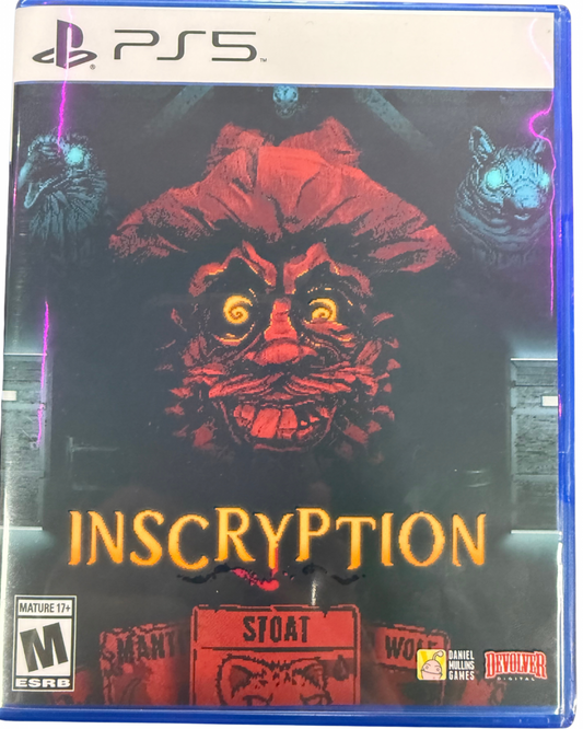 Inscryption for PlayStation 5 roguelike deck building horror game featuring card battles escape room puzzles dark narrative and atmospheric gameplay cover