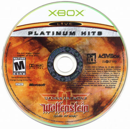 Xbox Platinum Hits Return to Castle Wolfenstein Tides of War featuring World War II action shooter disc