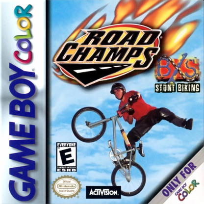Road Champs for Game Boy Color, cover image for an arcade racing video game with vehicle-based gameplay, track challenges, collectible cars, and casual driving action