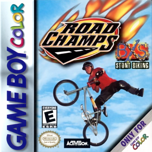 Road Champs for Game Boy Color, cover image for an arcade racing video game with vehicle-based gameplay, track challenges, collectible cars, and casual driving action