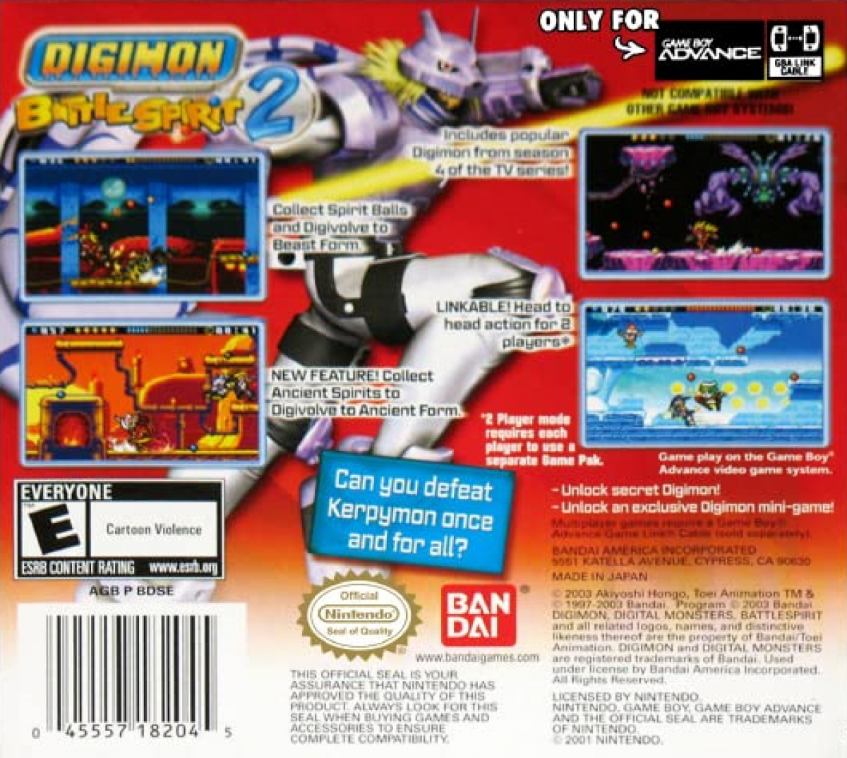 Digimon Battle Spirit 2 Game Boy Advance GBA video game featuring fighting gameplay Digimon battles character abilities special attacks arena combat collectible Digimon characters competitive matches and classic handheld Nintendo gameplay retro video game collection collectible gaming appeal back cover art