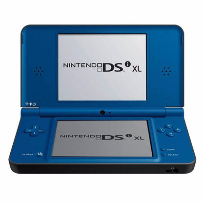 Blue Nintendo DSi XL handheld gaming system featuring a large dual screen design in blue with touch controls built in camera and compatibility with Nintendo DS games and downloadable titles open view of console turned on

