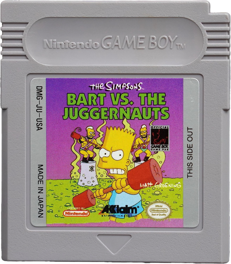 The Simpsons Bart vs the Juggernauts Game Boy handheld action puzzle game featuring Bart Simpson trivia challenges against celebrity opponents cartridge art