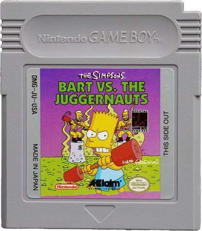 The Simpsons Bart vs the Juggernauts Game Boy handheld action puzzle game featuring Bart Simpson trivia challenges against celebrity opponents cartridge art