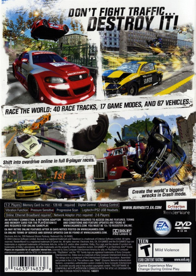 Burnout 3 Takedown Greatest Hits PlayStation 2 PS2 for retro video game enthusiasts featuring high speed arcade racing gameplay spectacular crash mechanics aggressive takedown action intense multiplayer competition fast paced racing modes adrenaline fueled driving and collectible gaming appeal back cover