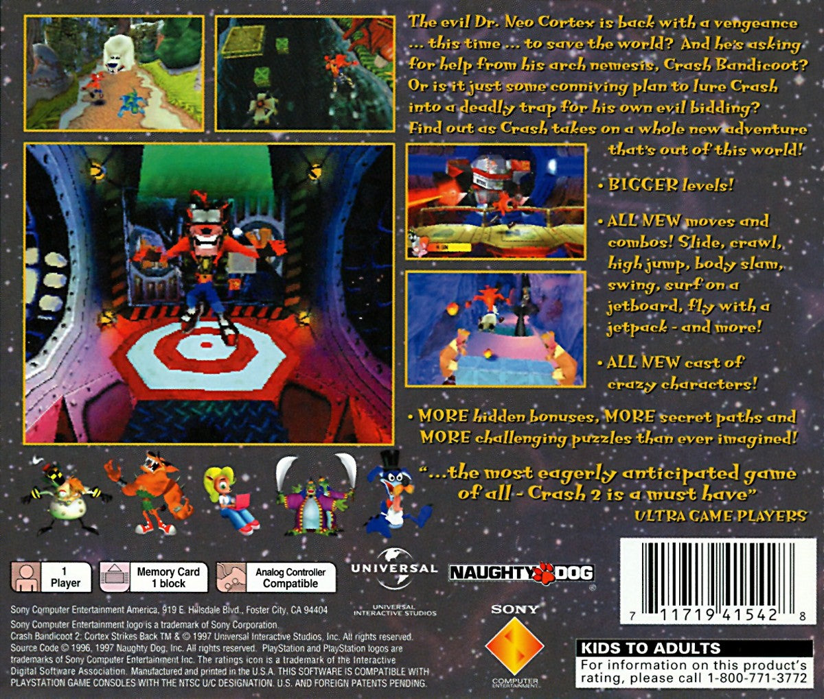 Crash Bandicoot 2 Cortex Strikes Back PlayStation PS1 for platformer video game fans featuring classic 3D platforming gameplay colorful environments challenging levels spin attacks jumping obstacles collectible gems Wumpa fruit adventures iconic Crash Bandicoot action classic PlayStation gaming collectible appeal back cover art