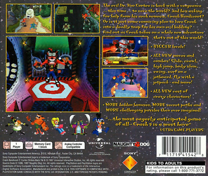 Crash Bandicoot 2 Cortex Strikes Back PlayStation PS1 for platformer video game fans featuring classic 3D platforming gameplay colorful environments challenging levels spin attacks jumping obstacles collectible gems Wumpa fruit adventures iconic Crash Bandicoot action classic PlayStation gaming collectible appeal back cover art