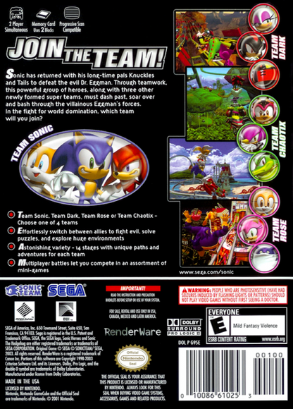 Sonic Heroes [Player's Choice] back of case for Nintendo GameCube (GC) 3D platforming action video game 