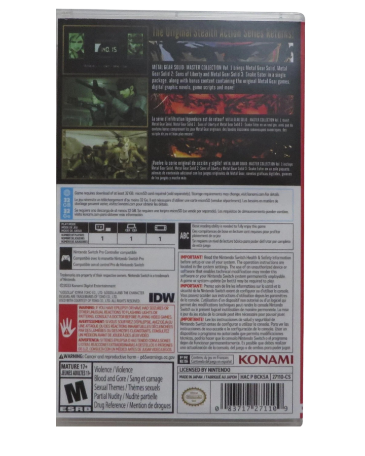 Metal Gear Solid Master Collection Vol 1 game collection for the Nintendo Switch featuring classic stealth action titles including Metal Gear Solid Metal Gear Solid 2 and Metal Gear Solid 3 with updated controls bonus content and cinematic storytelling back cover