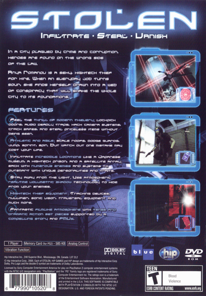 Stolen – PlayStation 2 (PS2) video game back of case, stealth action.