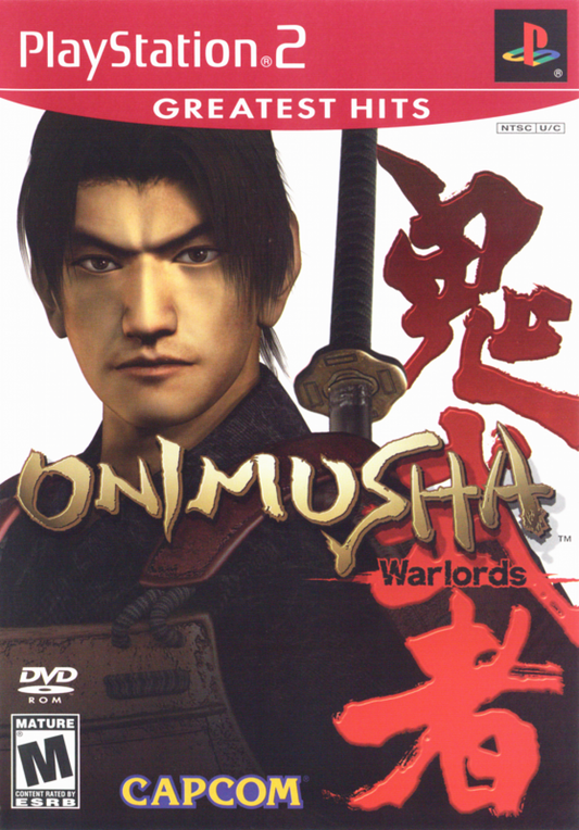 Onimusha Warlords from the Greatest Hits collection for the PlayStation 2 featuring action adventure gameplay with samurai combat demon enemies puzzle solving and cinematic storytelling set in feudal Japan cover art