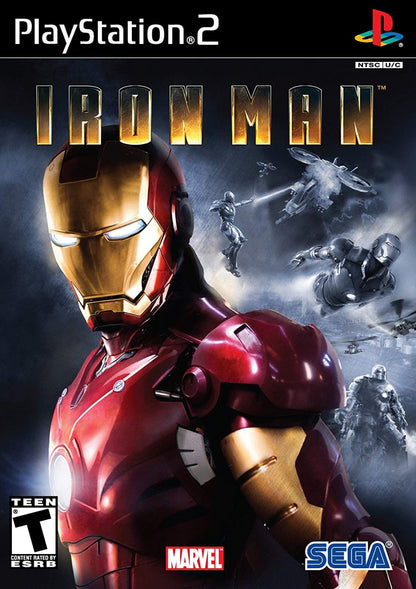 Iron Man PS2 Sony PlayStation 2 action game superhero Marvel Iron Man armored suit combat flight and ground missions third person shooter jet repulsor blasts Tony Stark storyline movie tie in gameplay retro gaming PlayStation 2 software video game title cover art