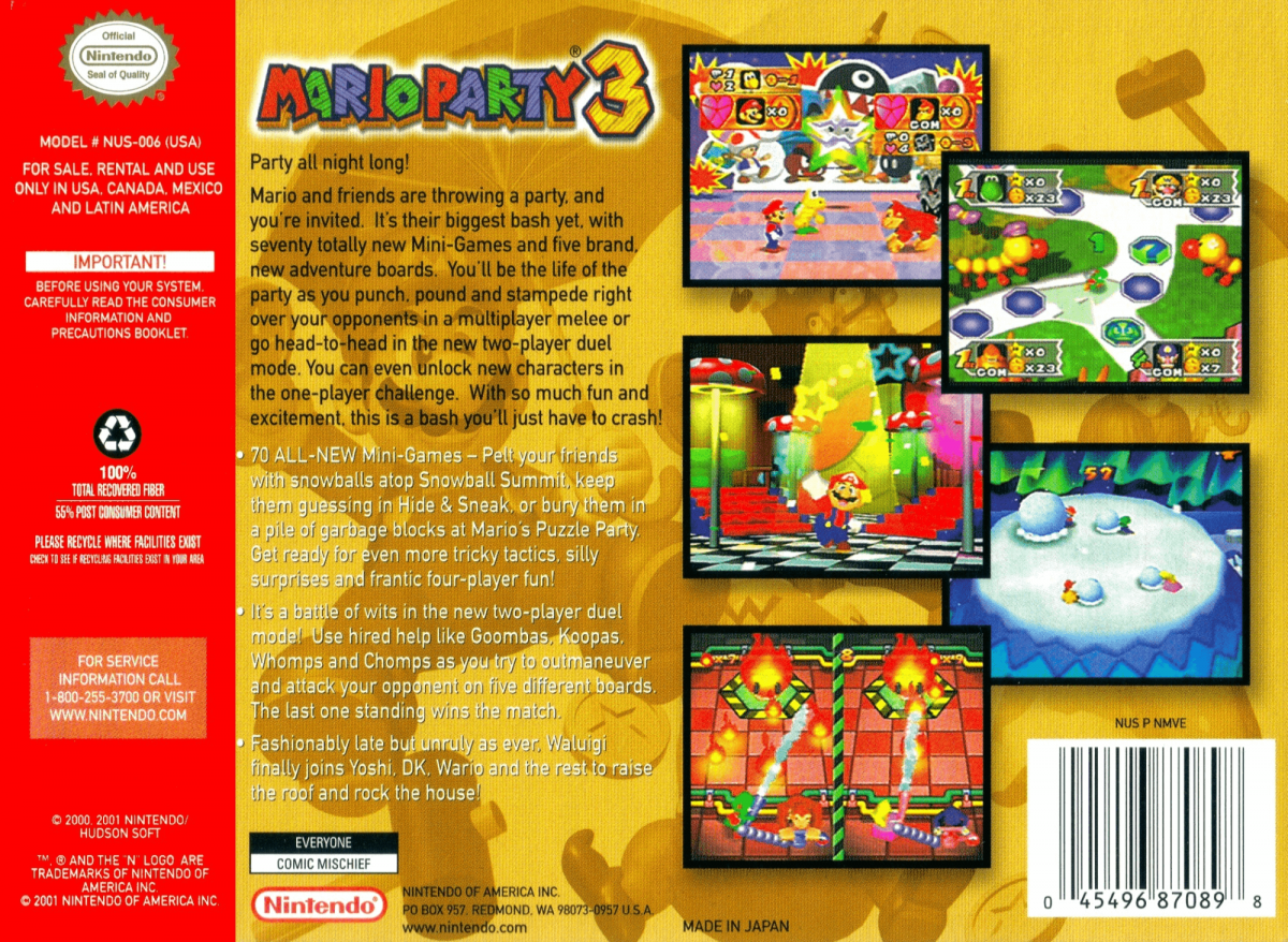 Mario Party 3 back cover art for Nintendo 64 (N64) video game