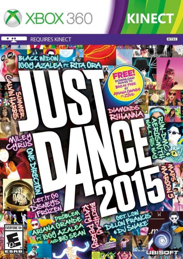 Just Dance 2015 cover art for Xbox 360 (X360) motion-controlled dance rhythm video game