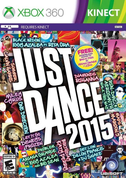 Just Dance 2015 cover art for Xbox 360 (X360) motion-controlled dance rhythm video game