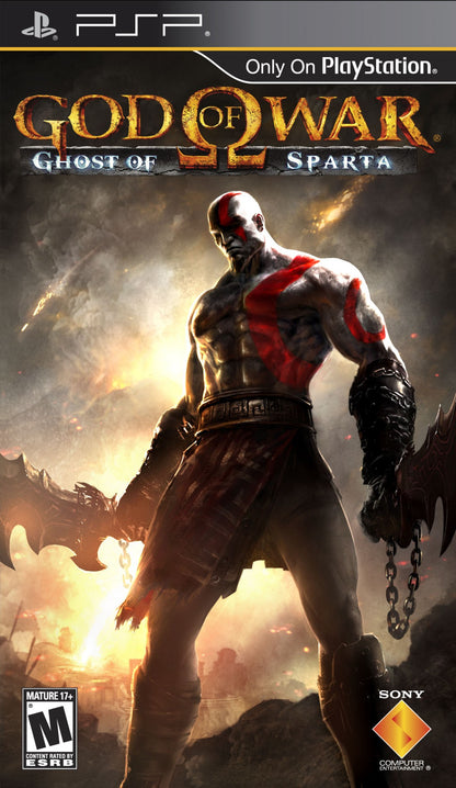 God of War Ghost of Sparta PlayStation Portable PSP action-adventure hack and slash video game prequel to the God of War series featuring Kratos combat magic upgrades and the Arms of spear and shield developed by Ready at Dawn exclusive Sony handheld epic cinematic Greek mythology quest front cover