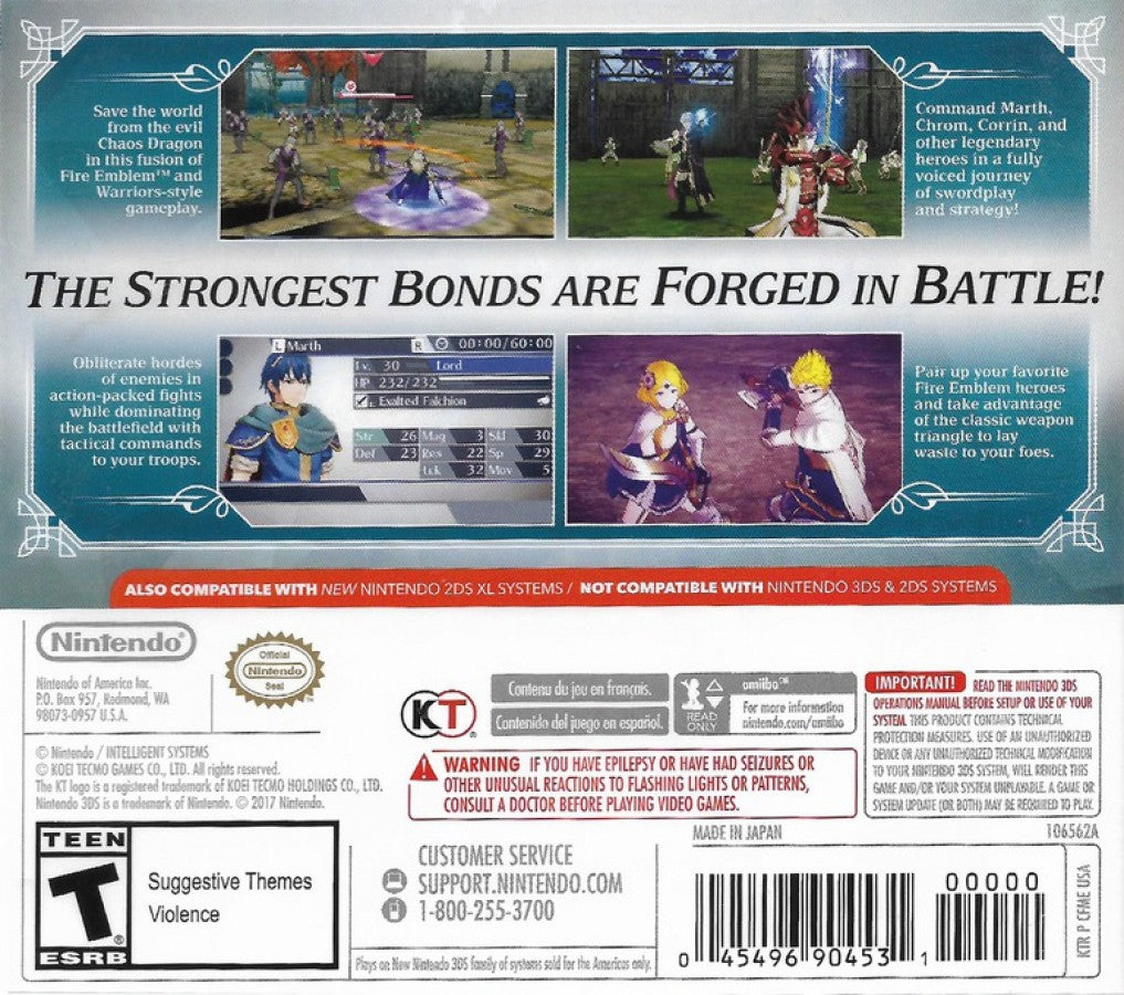 Fire Emblem Warriors back of case for Nintendo 3DS (3DS) hack and slash action video game
