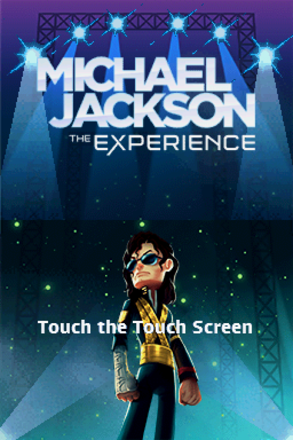 Michael Jackson The Experience for Nintendo DS (DS), title screen for a retro video game featuring rhythm-based gameplay, music performance challenges, dance mechanics, iconic song tracks, and interactive pop music action