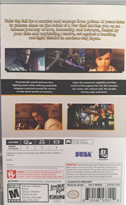 Yakuza Kiwami Nintendo Switch inspired design featuring action adventure crime drama aesthetic intense street combat immersive urban exploration gripping narrative iconic underworld characters cinematic gameplay modern remake presentation back cover