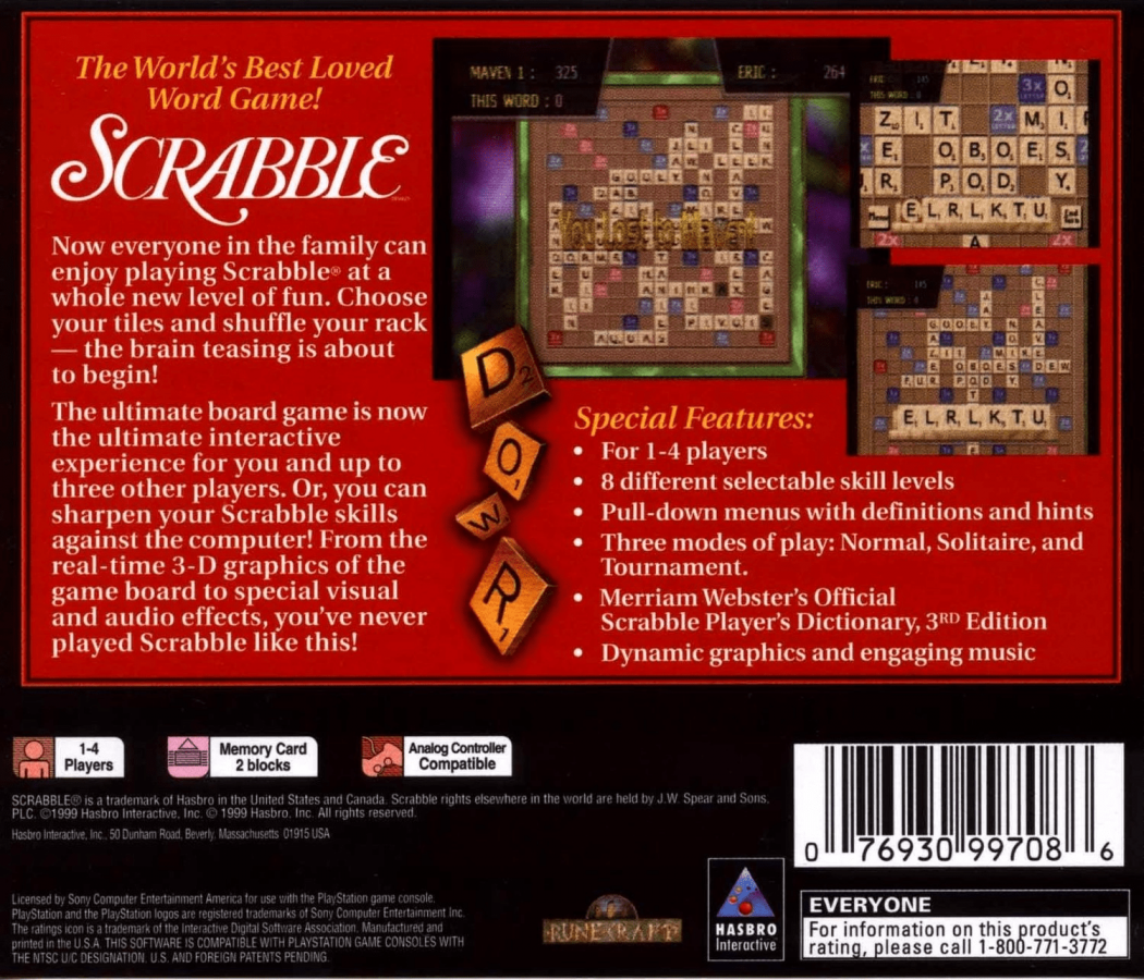 Scrabble back of case for PlayStation 1 (PS1) board game puzzle video game