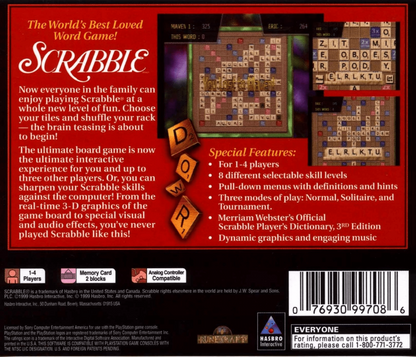 Scrabble back of case for PlayStation 1 (PS1) board game puzzle video game