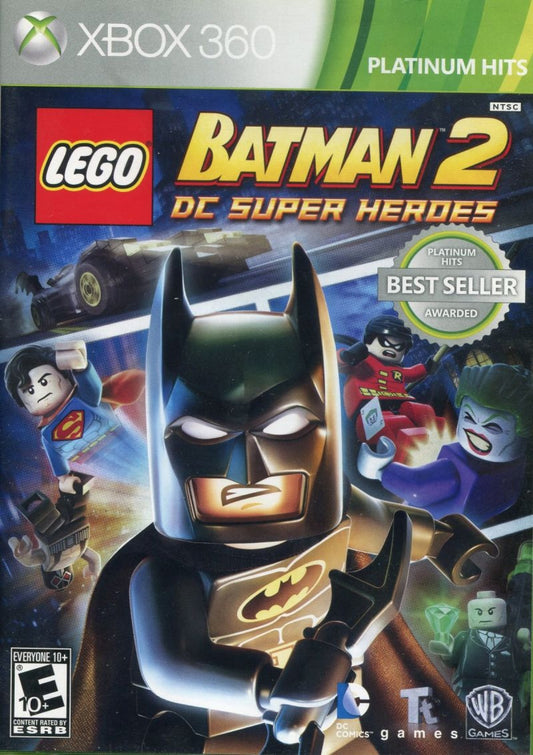 LEGO Batman 2 DC Super Heroes Platinum Hits Xbox 360 open-world action-adventure video game featuring Batman Robin Superman Wonder Woman and DC villains voice acting co-op Gotham City exploration and brick-building puzzle solving front cover