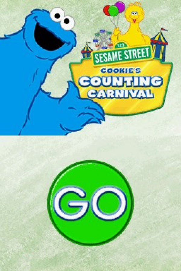 Sesame Street Cookie’s Counting Carnival for Nintendo DS, title screen for an educational video game with counting activities, mini-games, math challenges, and family-friendly learning gameplay