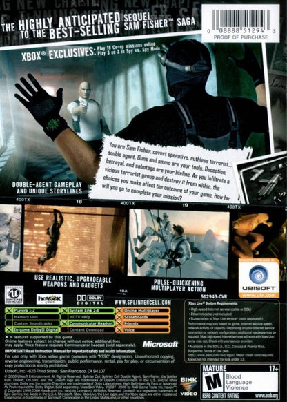 Tom Clancy’s Splinter Cell Double Agent for Xbox featuring stealth espionage action visuals back cover art