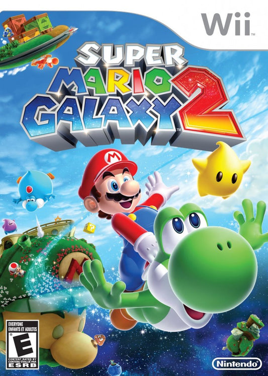 Super Mario Galaxy 2 Nintendo Wii for platforming video game fans featuring gravity defying gameplay imaginative galaxy exploration creative level design power ups Yoshi companion challenging platforming colorful worlds classic Nintendo adventure collectible gaming appeal front cover art