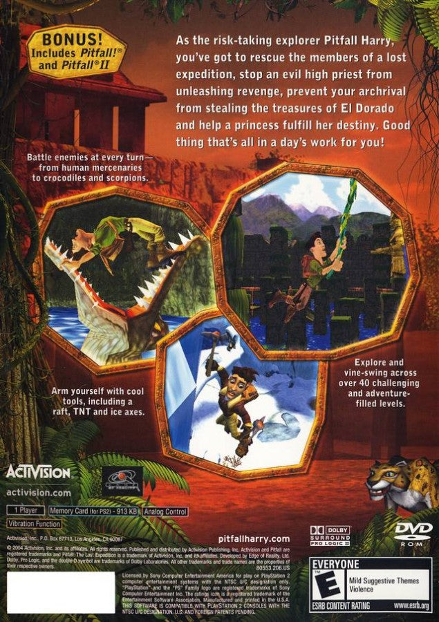 Pitfall The Lost Expedition PS2 PlayStation 2 action adventure platformer jungle exploration treasure hunting survival gameplay retro video game back of case