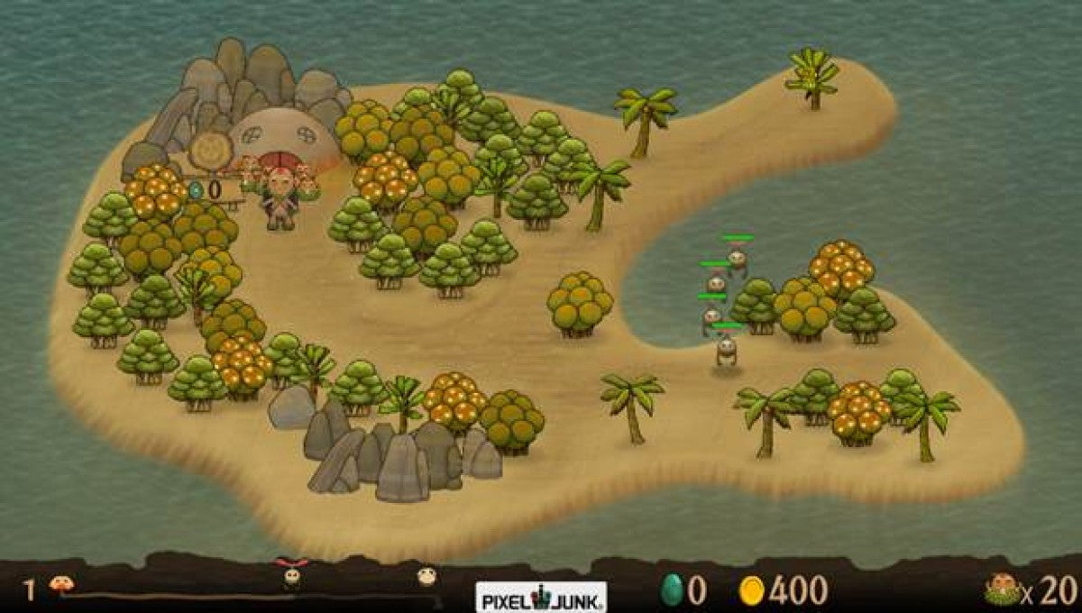 PixelJunk Monsters Deluxe PlayStation Portable PSP inspired design featuring tower defense strategy gameplay aesthetic vibrant hand drawn jungle environments creature wave defense mechanics strategic placement systems cooperative style challenges and portable arcade strategy presentation gameplay  