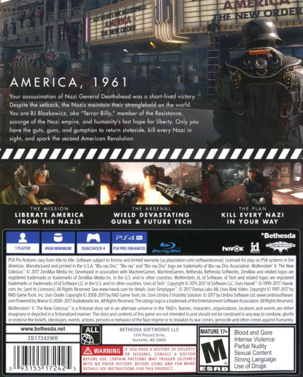 Wolfenstein II The New Colossus PlayStation 4 PS4 for first person shooter video game fans featuring intense action gameplay alternate history storyline cinematic campaign powerful weapons fast paced combat stealth missions resistance warfare collectible gaming appeal back box art