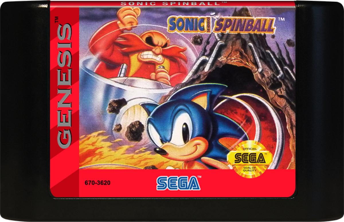 Sonic Spinball Sega Genesis arcade-style pinball game featuring Sonic the Hedgehog in fast-paced action levels cartridge