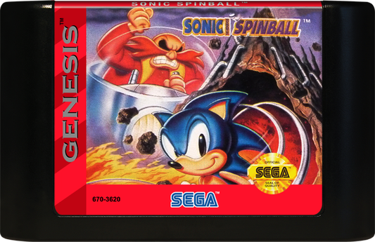 Sonic Spinball Sega Genesis arcade-style pinball game featuring Sonic the Hedgehog in fast-paced action levels cartridge