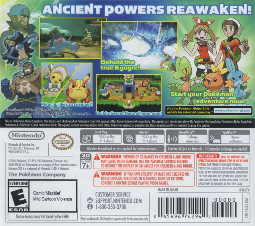 Pokémon Alpha Sapphire back of case for Nintendo 3DS (3DS) role-playing video game