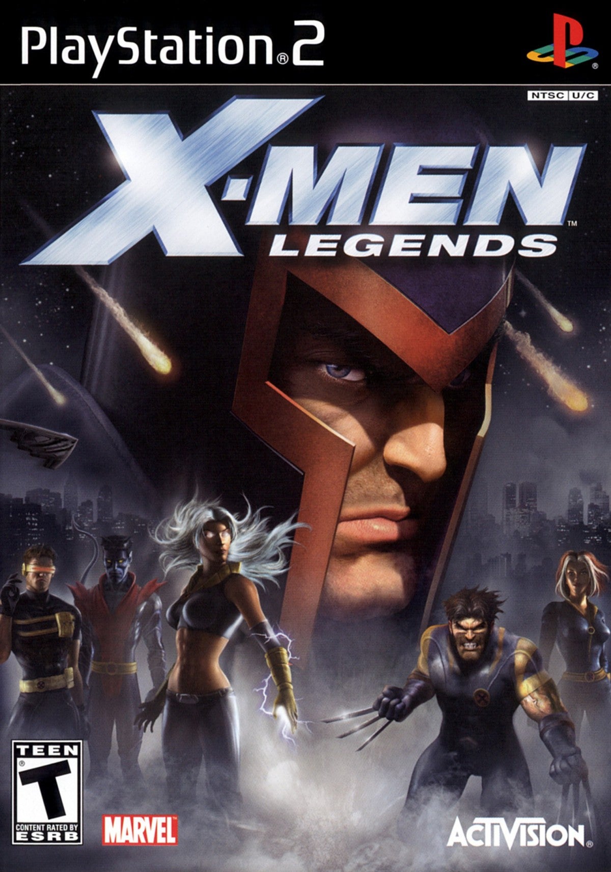 X-Men Legends game for the PlayStation 2 featuring action RPG gameplay with real time combat team based mechanics character progression and cooperative multiplayer as players control a squad of X-Men battling through story driven missions against iconic Marvel villains front cover