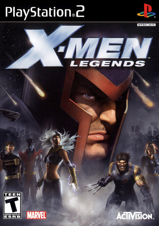 X-Men Legends game for the PlayStation 2 featuring action RPG gameplay with real time combat team based mechanics character progression and cooperative multiplayer as players control a squad of X-Men battling through story driven missions against iconic Marvel villains front cover