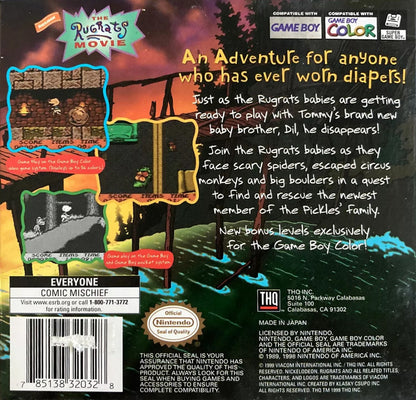 The Rugrats Movie Game Boy Color GBC handheld platformer action video game based on the animated film starring Tommy Pickles Chuckie Phil Lil Dil Reptar levels THQ back cover