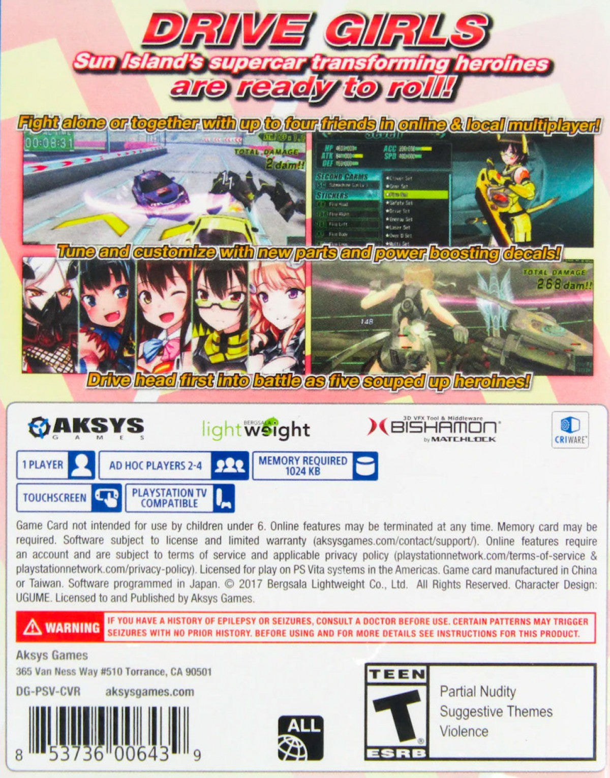 Drive Girls PlayStation Vita video game, action combat, anime-style characters, vehicle transformation gameplay, handheld console title back cover