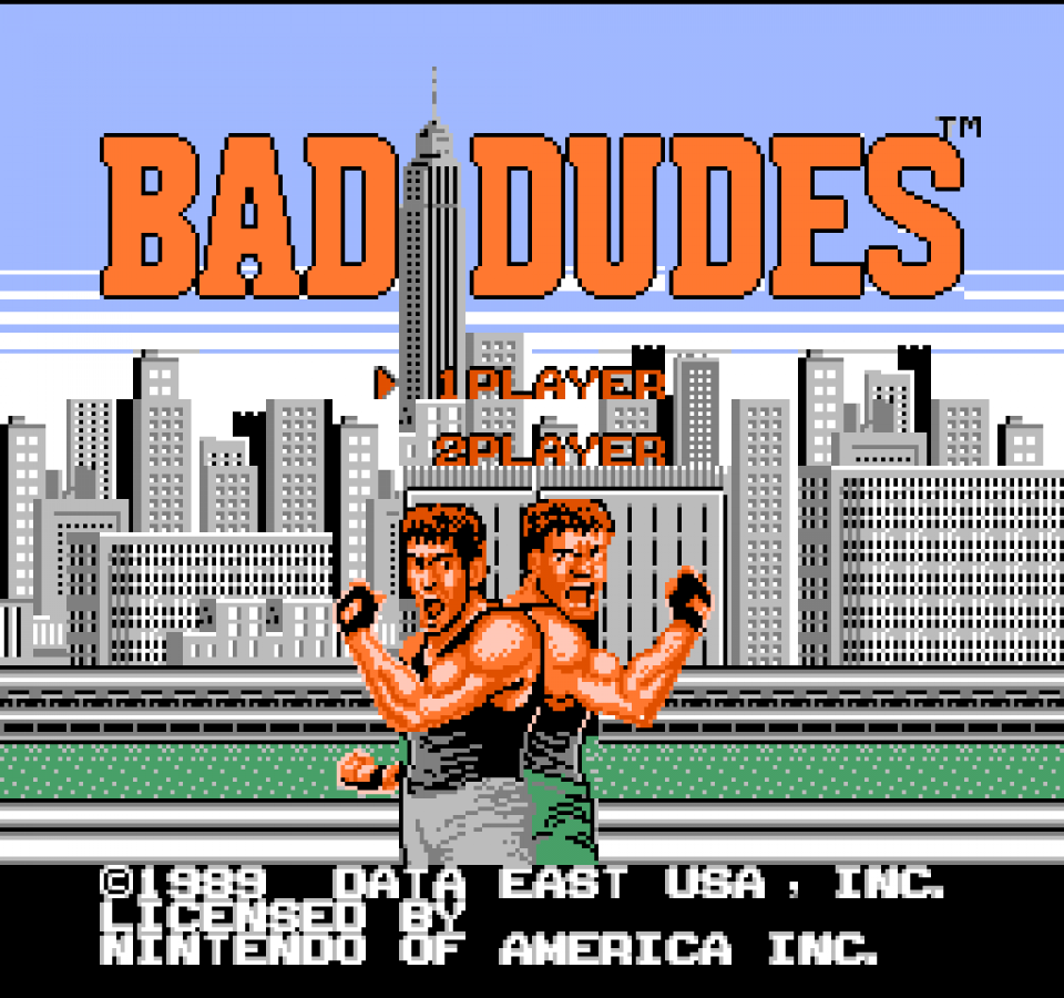 Bad Dudes retro NES video game Bad Dudes side scrolling beat em up action combat arcade style fighting cooperative gameplay classic console title Nintendo Entertainment System release title screen
