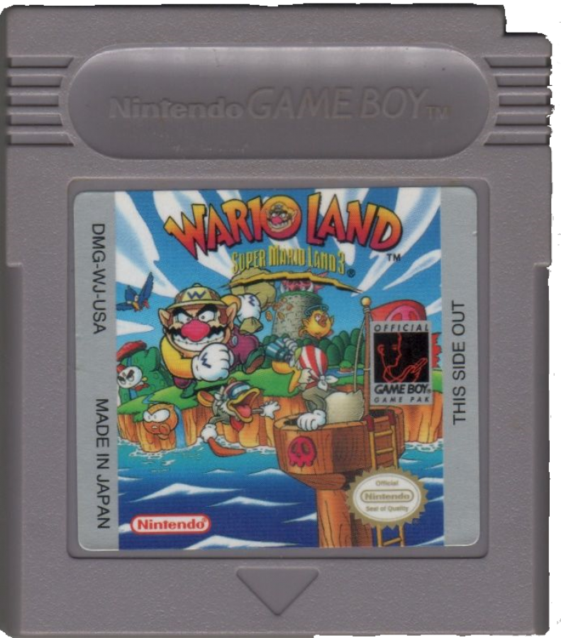 Wario Land Super Mario Land 3 Game Boy GB for retro video game enthusiasts featuring side scrolling platforming gameplay treasure collecting challenging enemy encounters unique power ups creative level design classic Nintendo handheld adventure and collectible gaming appeal cartridge  