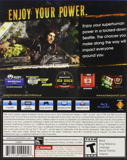 Infamous: Second Son – PlayStation 4 (PS4) video game back of case, open-world superhero action-adventure title for PS4